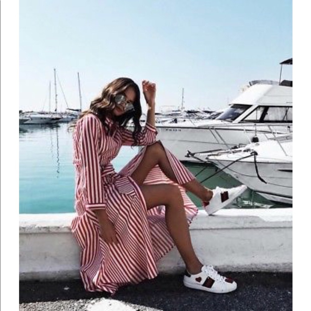 NWT Zara Red White Striped Belted Shirt Midi Dress - Picture 2 of 8